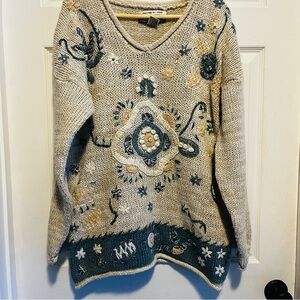 Vintage Embroidered V-Neck Sweater Knitted By Hand Small CottageCore